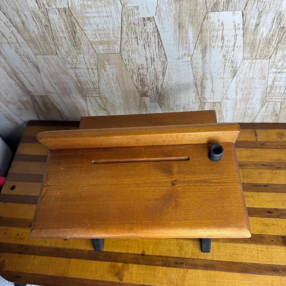 Vintage Miniature Wooden School Desk Inkwell Slot Doll Display Brown Black Wood